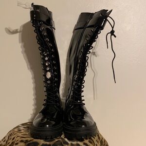 GB Girls Shiny Black Lace-Up Combat Boots